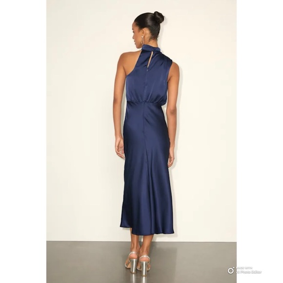 Lulus Medium Distinctive Charm Navy Blue Satin Asymmetrical Midi Dress NWT - Picture 6 of 17